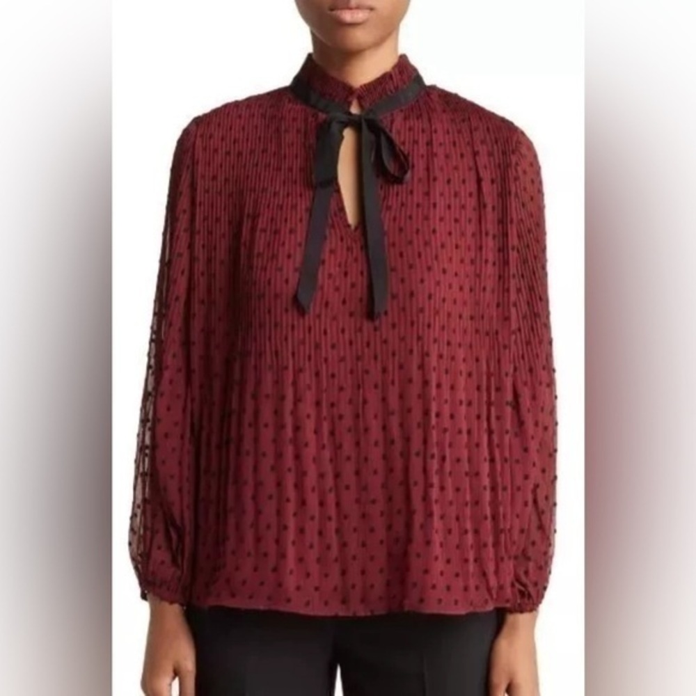 MAX STUDIO Swiss Dot Pleated Tie Neck Long Sleeve Top